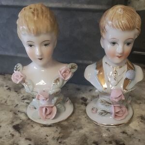Porcelain Victorian Couple Figurines with Pink and Gold Accents
